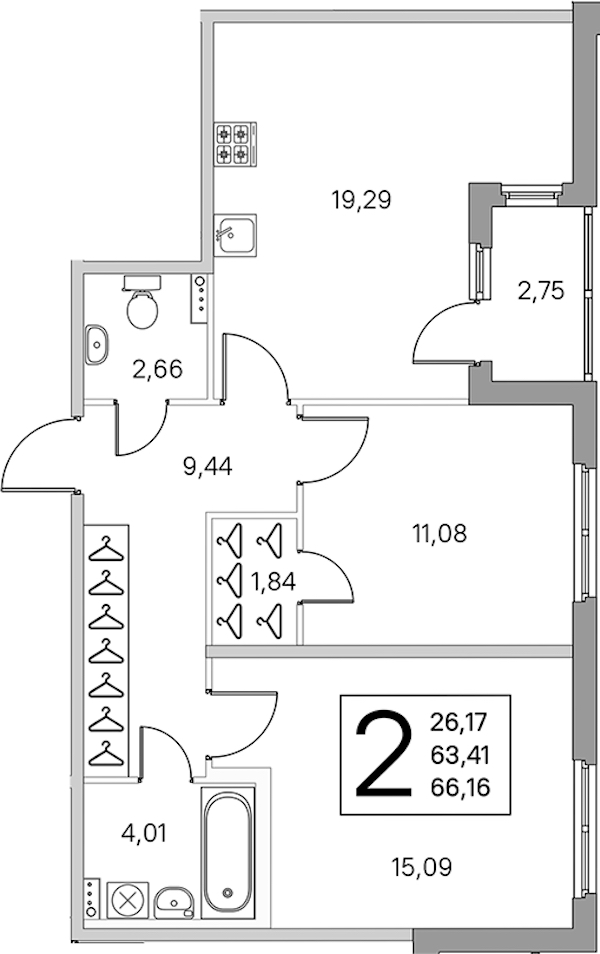 2-комнатная квартира 64.79 м², 1/4 эт., ЖК «Любоград в Стрельне»